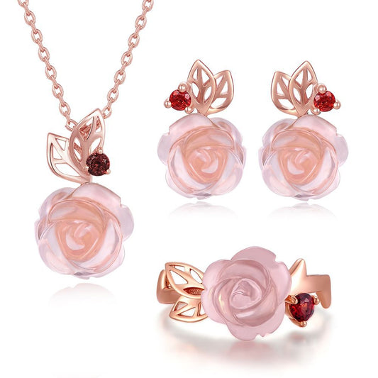 Flower Rose Quartz Gemstones Silver Set
