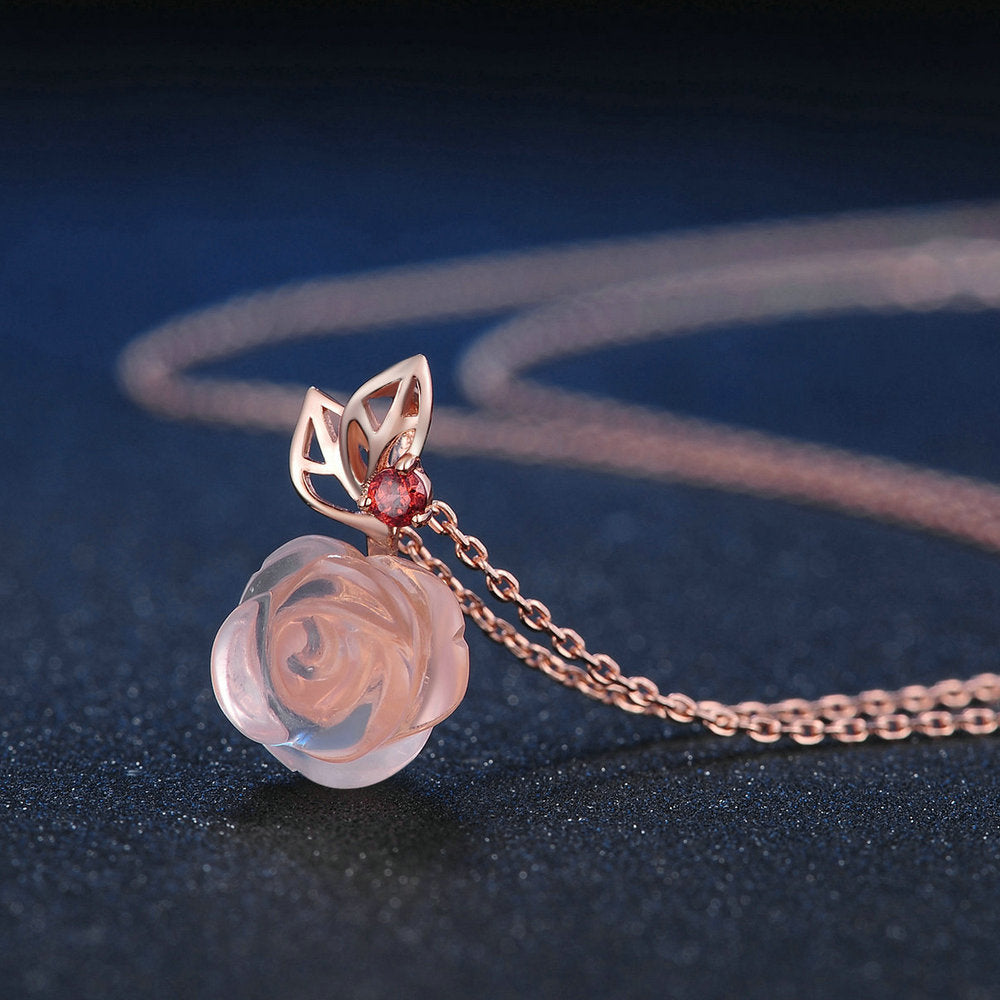 Flower Rose Quartz Gemstones Silver Set